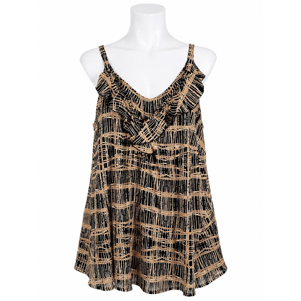 Avenue Women’s Black Tan Printed V-Neck Ruffle Cami Tank Top - Size 26/28
